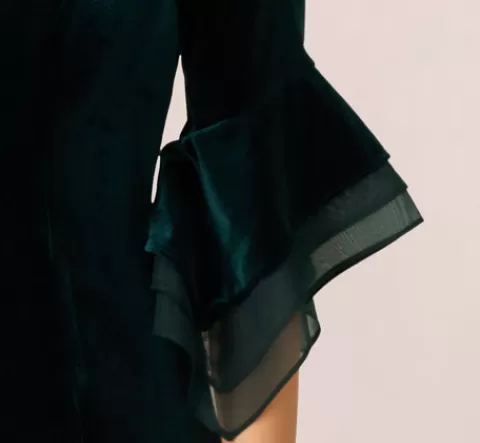 Adrianna Papell Velvet Sheath Dress With Tiered Three Quarter Sleeves In HUNTER Sale
