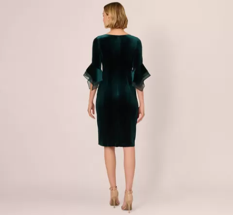 Adrianna Papell Velvet Sheath Dress With Tiered Three Quarter Sleeves In HUNTER Sale