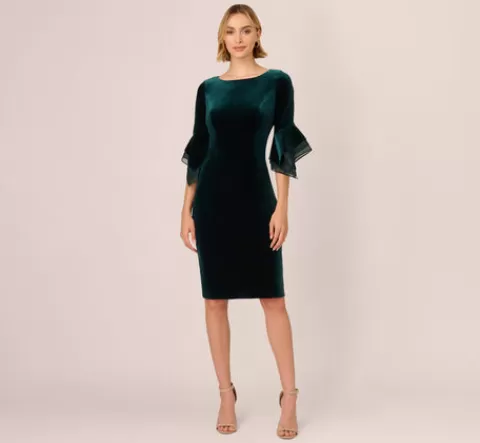 Adrianna Papell Velvet Sheath Dress With Tiered Three Quarter Sleeves In HUNTER Sale