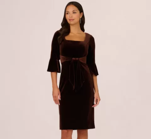 Adrianna Papell Velvet Tie Front Sheath Dress With Bell Sleeves In Dark Brown DARKBROWN Shop