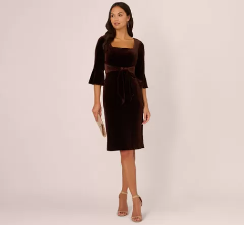 Adrianna Papell Velvet Tie Front Sheath Dress With Bell Sleeves In Dark Brown DARKBROWN Shop