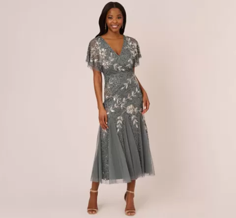 Adrianna Papell Vine Beaded Ankle Length Gown With Flutter Sleeves In Pewter Silver PEWTER-SILVER Best
