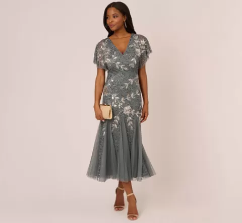 Adrianna Papell Vine Beaded Ankle Length Gown With Flutter Sleeves In Pewter Silver PEWTER-SILVER Best