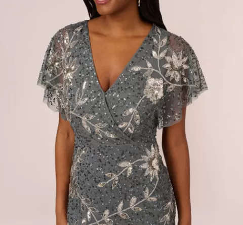 Adrianna Papell Vine Beaded Ankle Length Gown With Flutter Sleeves In Pewter Silver PEWTER-SILVER Best