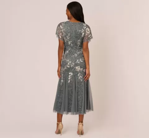 Adrianna Papell Vine Beaded Ankle Length Gown With Flutter Sleeves In Pewter Silver PEWTER-SILVER Best