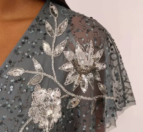 Adrianna Papell Vine Beaded Ankle Length Gown With Flutter Sleeves In Pewter Silver PEWTER-SILVER Best
