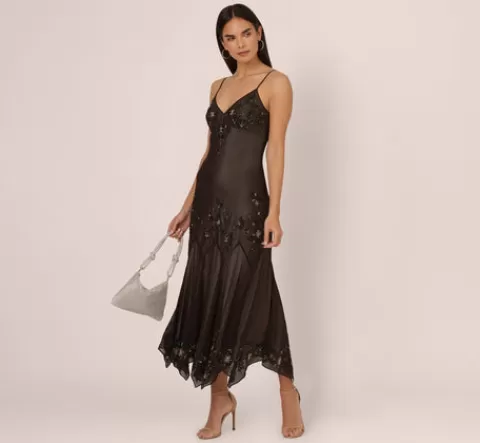 Adrianna Papell Vintage Beaded Fairy Ankle-Length Dress With Sharkbite Hem In Black Nude BLACK-NUDE Clearance