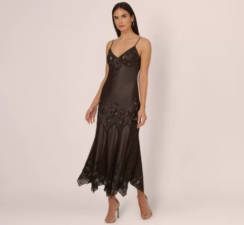 Adrianna Papell Vintage Beaded Fairy Ankle-Length Dress With Sharkbite Hem In Black Nude BLACK-NUDE Clearance