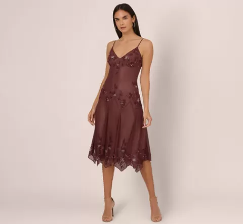 Adrianna Papell Vintage Beaded Midi Fairy Dress With Sharkbite Hem In BERRY Flash Sale