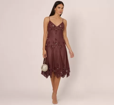 Adrianna Papell Vintage Beaded Midi Fairy Dress With Sharkbite Hem In BERRY Flash Sale