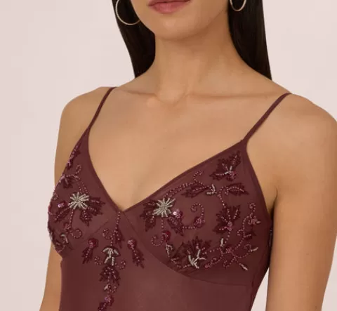 Adrianna Papell Vintage Beaded Midi Fairy Dress With Sharkbite Hem In BERRY Flash Sale