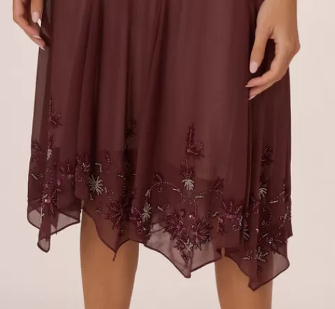 Adrianna Papell Vintage Beaded Midi Fairy Dress With Sharkbite Hem In BERRY Flash Sale