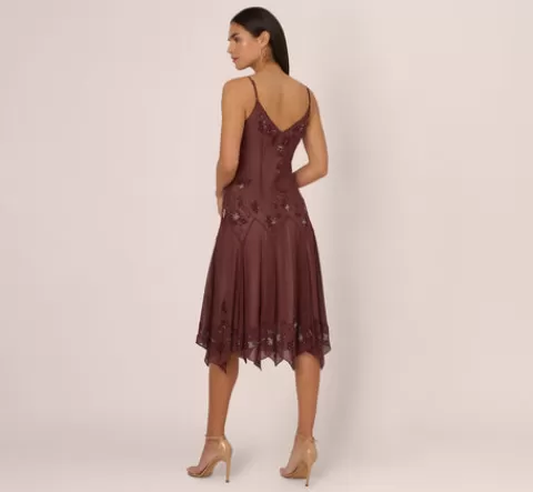 Adrianna Papell Vintage Beaded Midi Fairy Dress With Sharkbite Hem In BERRY Flash Sale