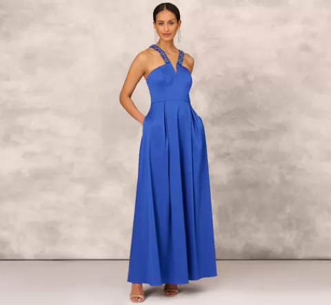 Adrianna Papell V-Neck Mikado Gown With Jewel Beaded Straps In Royal Sapphire ROYALSAPPHIRE Discount