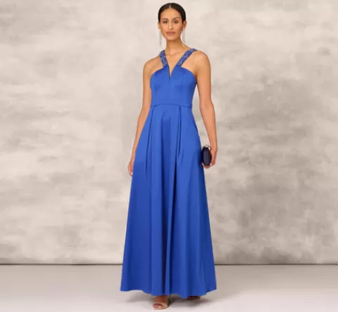 Adrianna Papell V-Neck Mikado Gown With Jewel Beaded Straps In Royal Sapphire ROYALSAPPHIRE Discount