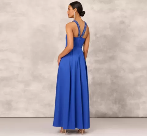 Adrianna Papell V-Neck Mikado Gown With Jewel Beaded Straps In Royal Sapphire ROYALSAPPHIRE Discount