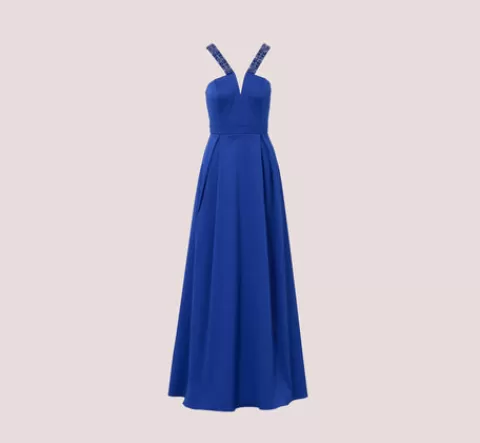 Adrianna Papell V-Neck Mikado Gown With Jewel Beaded Straps In Royal Sapphire ROYALSAPPHIRE Discount