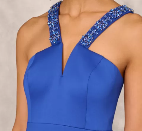 Adrianna Papell V-Neck Mikado Gown With Jewel Beaded Straps In Royal Sapphire ROYALSAPPHIRE Discount