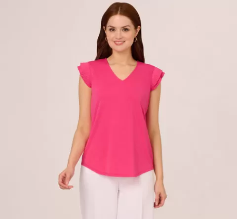 Adrianna Papell V-Neck Top With Pleated Flutter Sleeves In Fuchsia Fedora FUCHSIAFEDORA New