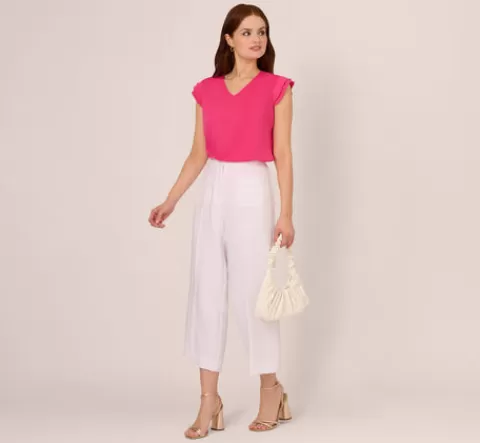 Adrianna Papell V-Neck Top With Pleated Flutter Sleeves In Fuchsia Fedora FUCHSIAFEDORA New