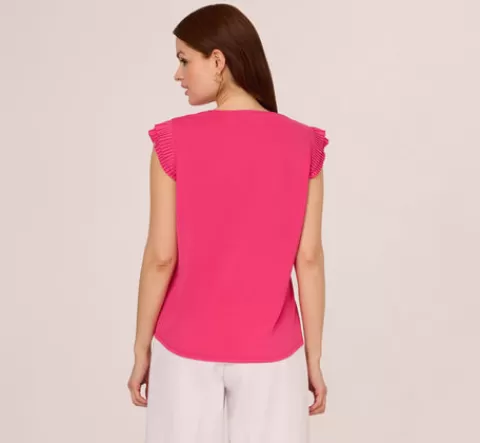 Adrianna Papell V-Neck Top With Pleated Flutter Sleeves In Fuchsia Fedora FUCHSIAFEDORA New