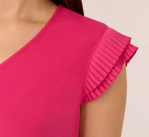 Adrianna Papell V-Neck Top With Pleated Flutter Sleeves In Fuchsia Fedora FUCHSIAFEDORA New