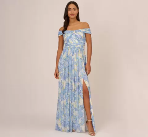 Adrianna Papell Watercolor Floral Print Gown With Off The Shoulder Neckline In Blue Multi BLUEMULTI Best Sale
