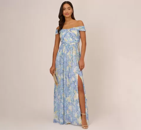 Adrianna Papell Watercolor Floral Print Gown With Off The Shoulder Neckline In Blue Multi BLUEMULTI Best Sale
