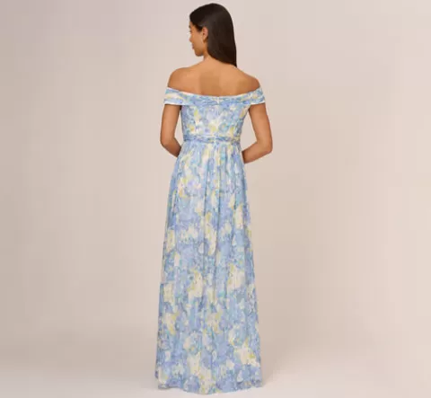 Adrianna Papell Watercolor Floral Print Gown With Off The Shoulder Neckline In Blue Multi BLUEMULTI Best Sale