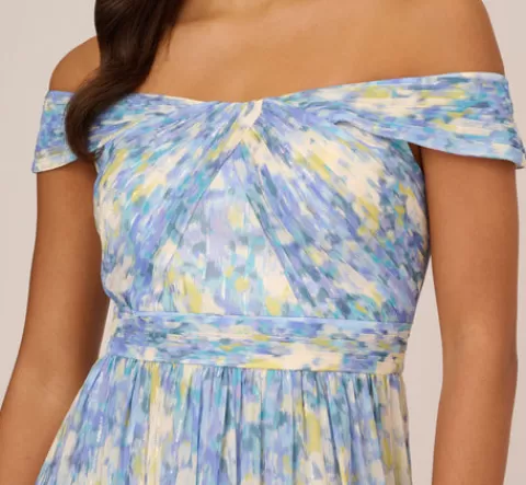 Adrianna Papell Watercolor Floral Print Gown With Off The Shoulder Neckline In Blue Multi BLUEMULTI Best Sale