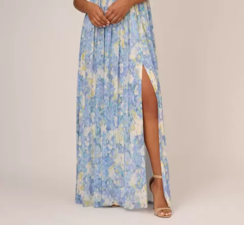 Adrianna Papell Watercolor Floral Print Gown With Off The Shoulder Neckline In Blue Multi BLUEMULTI Best Sale