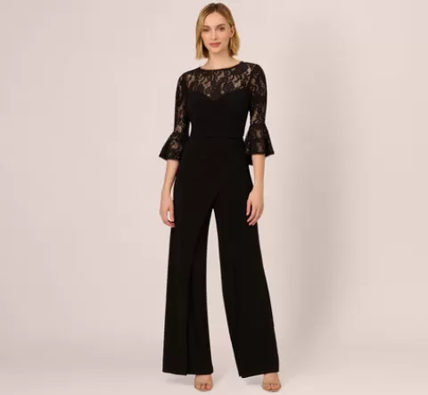 Adrianna Papell Wide Leg Jersey Jumpsuit With Sheer Lace Bell Sleeves In BLACK Hot