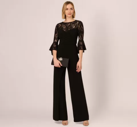 Adrianna Papell Wide Leg Jersey Jumpsuit With Sheer Lace Bell Sleeves In BLACK Hot