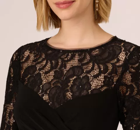 Adrianna Papell Wide Leg Jersey Jumpsuit With Sheer Lace Bell Sleeves In BLACK Hot