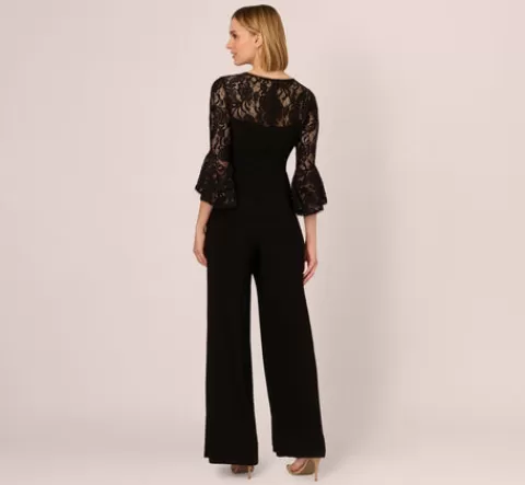 Adrianna Papell Wide Leg Jersey Jumpsuit With Sheer Lace Bell Sleeves In BLACK Hot