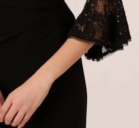 Adrianna Papell Wide Leg Jersey Jumpsuit With Sheer Lace Bell Sleeves In BLACK Hot