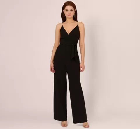 Adrianna Papell Wide Leg Jumpsuit With Pearl Chain Spaghetti Straps In BLACK Discount