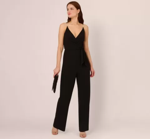Adrianna Papell Wide Leg Jumpsuit With Pearl Chain Spaghetti Straps In BLACK Discount