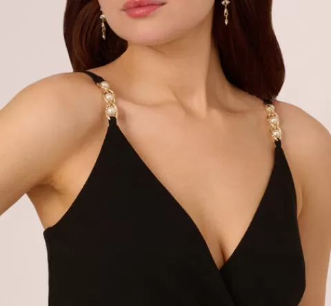 Adrianna Papell Wide Leg Jumpsuit With Pearl Chain Spaghetti Straps In BLACK Discount