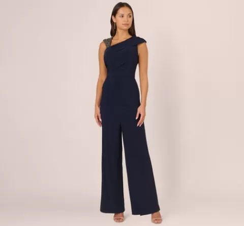Adrianna Papell Wide Leg Shirred Jersey Jumpsuit With Beaded Strap In MIDNIGHT Best Sale