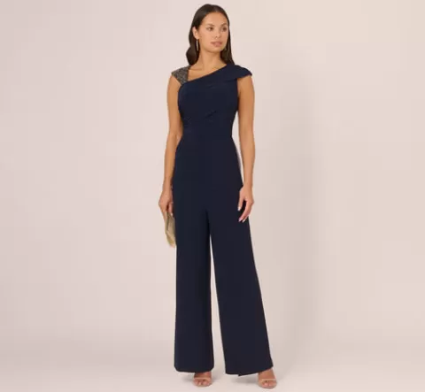 Adrianna Papell Wide Leg Shirred Jersey Jumpsuit With Beaded Strap In MIDNIGHT Best Sale
