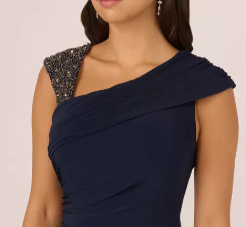 Adrianna Papell Wide Leg Shirred Jersey Jumpsuit With Beaded Strap In MIDNIGHT Best Sale