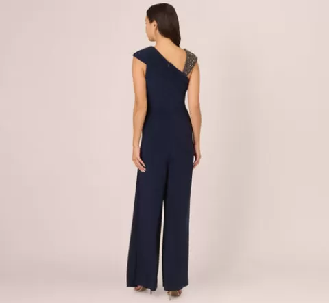 Adrianna Papell Wide Leg Shirred Jersey Jumpsuit With Beaded Strap In MIDNIGHT Best Sale